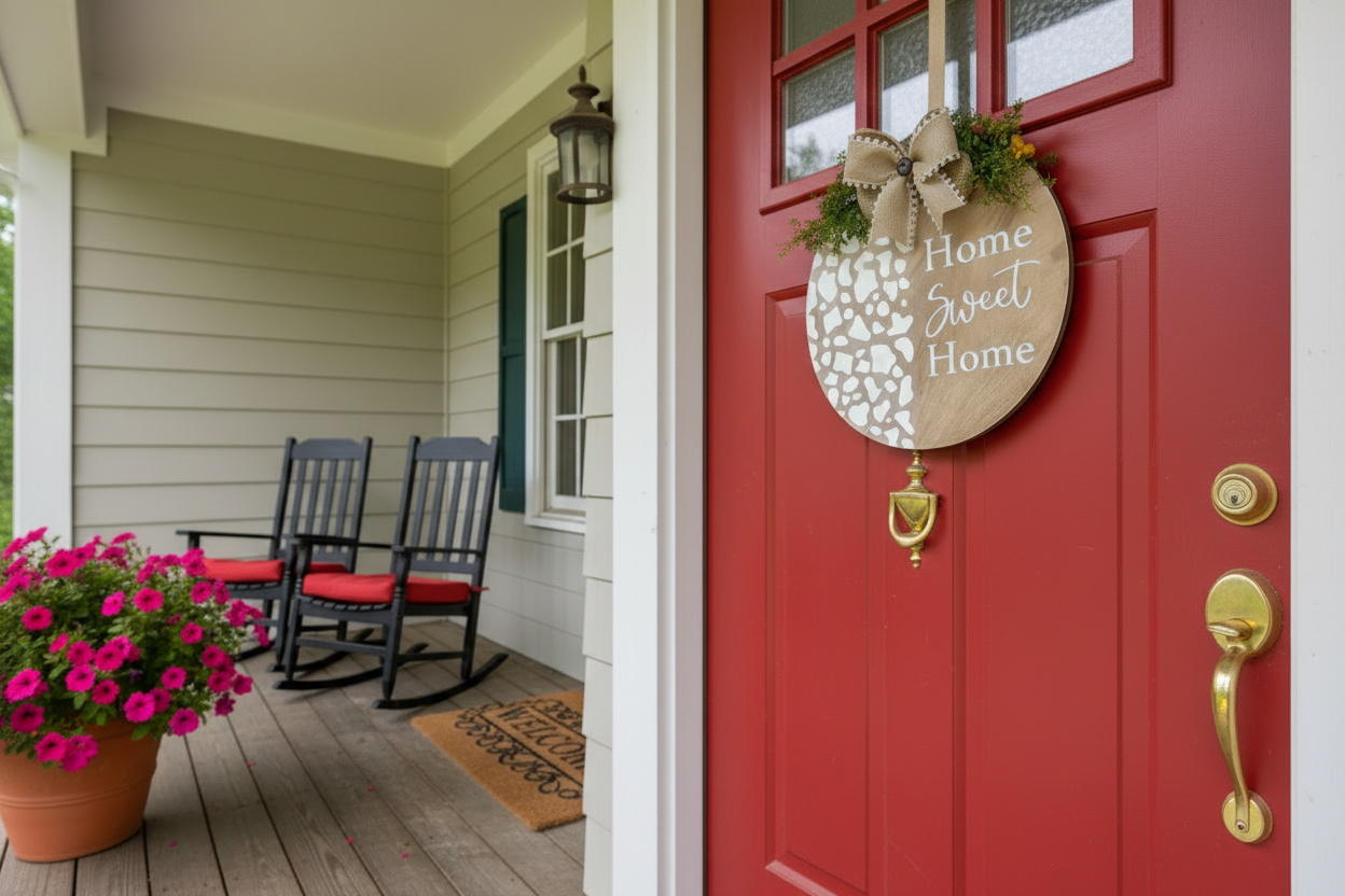 Decorative sign with 'Home Sweet Home' text and a bow, placed on a wooden surface.