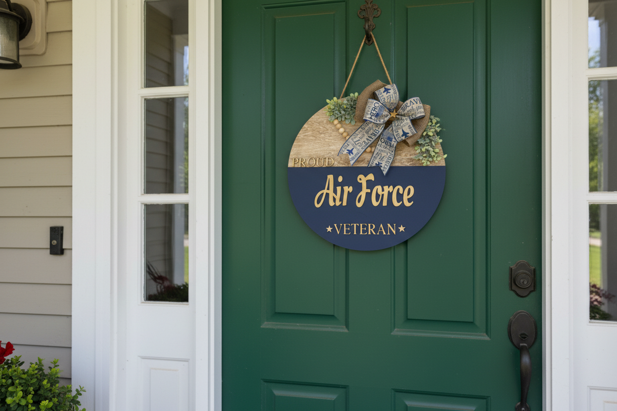 Decorative sign for a Proud Air Force Veteran with a bow and plants on a wooden background